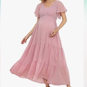 NWT Boho Swiss Dot Smocked Tiered Maternity Maxi Dress